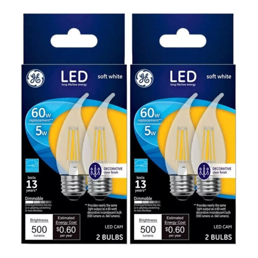 NEW GE Decorative LED Light Bulbs Soft White Clear 500 Lumens 60W 5W 2Pk 4 Bulbs